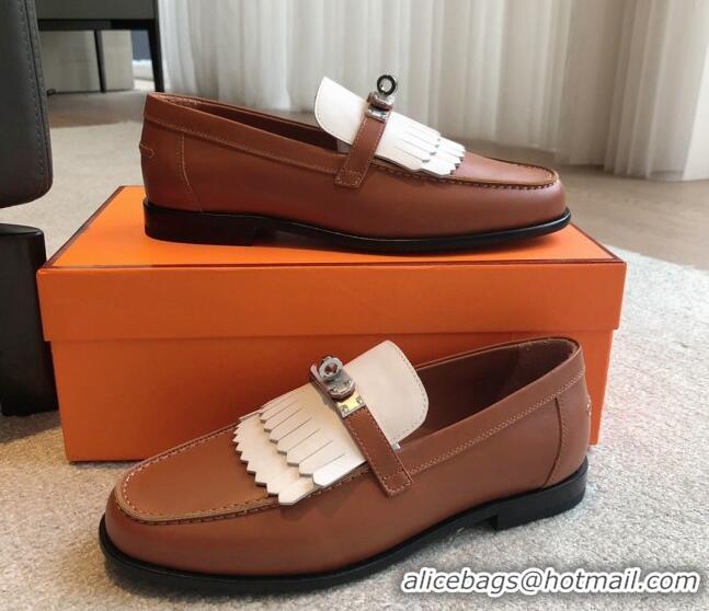 Shop Duplicate Hermes Destin Loafers in Fringed Calfskin with Kelly Buckle Brown/White 226089