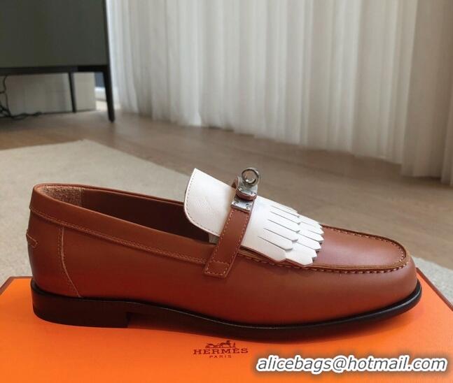 Shop Duplicate Hermes Destin Loafers in Fringed Calfskin with Kelly Buckle Brown/White 226089