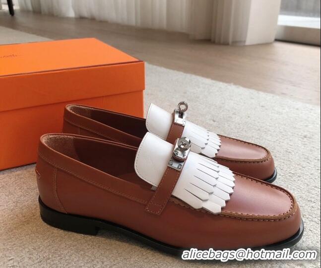 Shop Duplicate Hermes Destin Loafers in Fringed Calfskin with Kelly Buckle Brown/White 226089