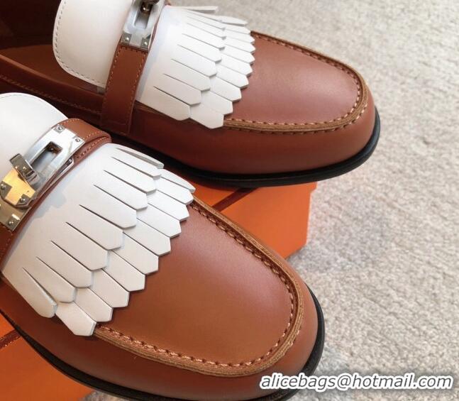 Shop Duplicate Hermes Destin Loafers in Fringed Calfskin with Kelly Buckle Brown/White 226089