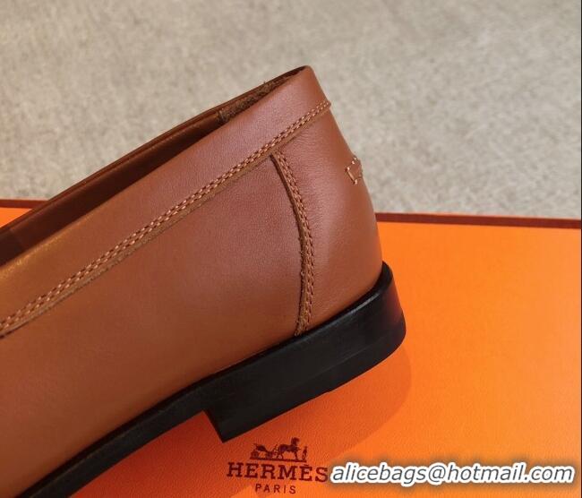 Shop Duplicate Hermes Destin Loafers in Fringed Calfskin with Kelly Buckle Brown/White 226089