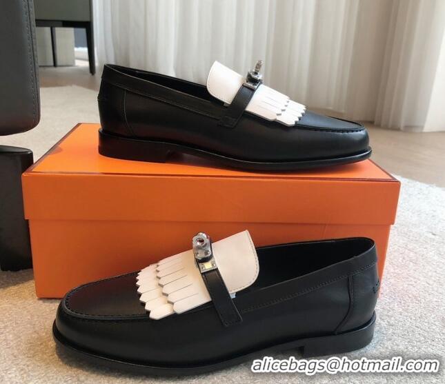 Fashion Hermes Destin Loafers in Fringed Calfskin with Kelly Buckle Black/White 0226090