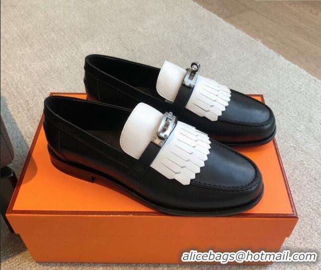 Fashion Hermes Destin Loafers in Fringed Calfskin with Kelly Buckle Black/White 0226090