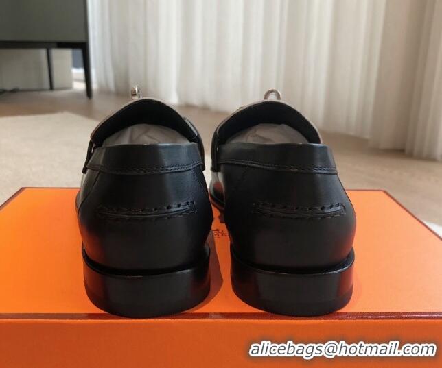 Fashion Hermes Destin Loafers in Fringed Calfskin with Kelly Buckle Black/White 0226090