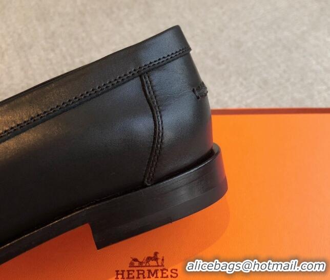 Fashion Hermes Destin Loafers in Fringed Calfskin with Kelly Buckle Black/White 0226090