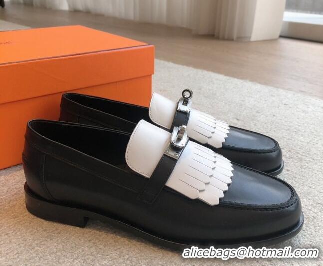 Fashion Hermes Destin Loafers in Fringed Calfskin with Kelly Buckle Black/White 0226090