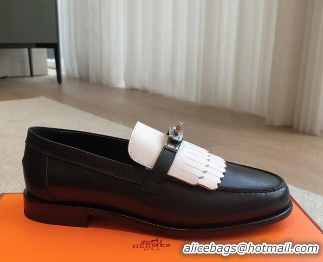 Fashion Hermes Destin Loafers in Fringed Calfskin with Kelly Buckle Black/White 0226090