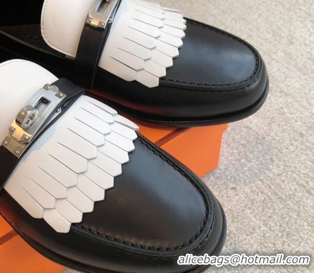 Fashion Hermes Destin Loafers in Fringed Calfskin with Kelly Buckle Black/White 0226090