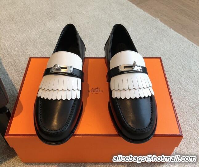 Fashion Hermes Destin Loafers in Fringed Calfskin with Kelly Buckle Black/White 0226090