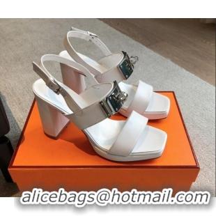 Discount Hermes Calfskin Heel Sandals with Oversized Kelly Buckle White 0226091