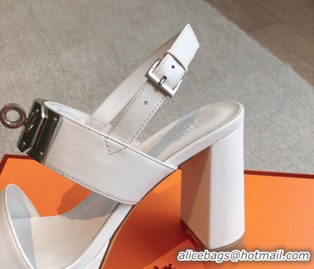 Discount Hermes Calfskin Heel Sandals with Oversized Kelly Buckle White 0226091