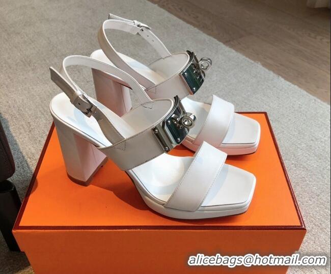 Discount Hermes Calfskin Heel Sandals with Oversized Kelly Buckle White 0226091