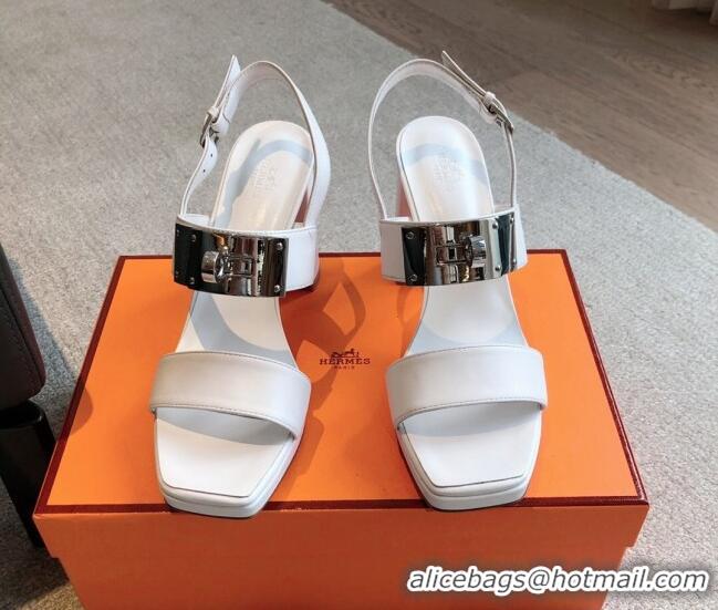 Discount Hermes Calfskin Heel Sandals with Oversized Kelly Buckle White 0226091