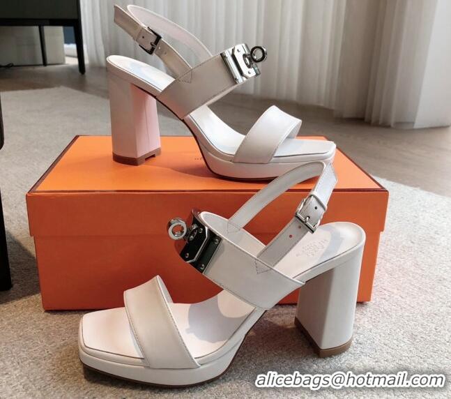 Discount Hermes Calfskin Heel Sandals with Oversized Kelly Buckle White 0226091