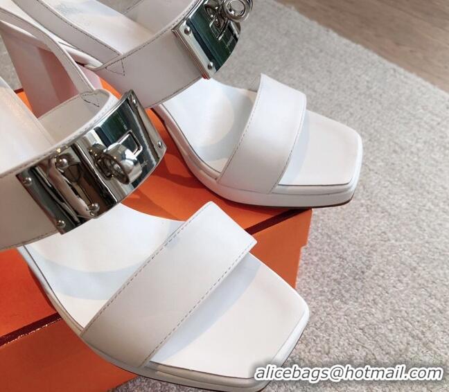 Discount Hermes Calfskin Heel Sandals with Oversized Kelly Buckle White 0226091