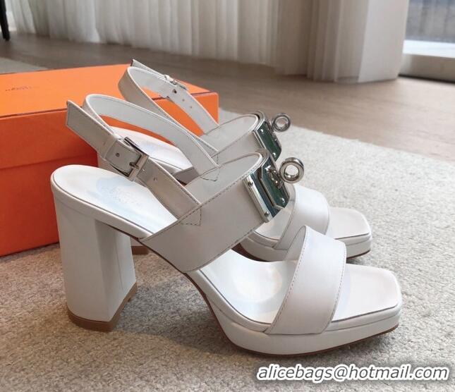 Discount Hermes Calfskin Heel Sandals with Oversized Kelly Buckle White 0226091