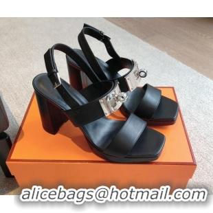 Classic Hot Hermes Calfskin Heel Sandals with Oversized Kelly Buckle Black 0226092