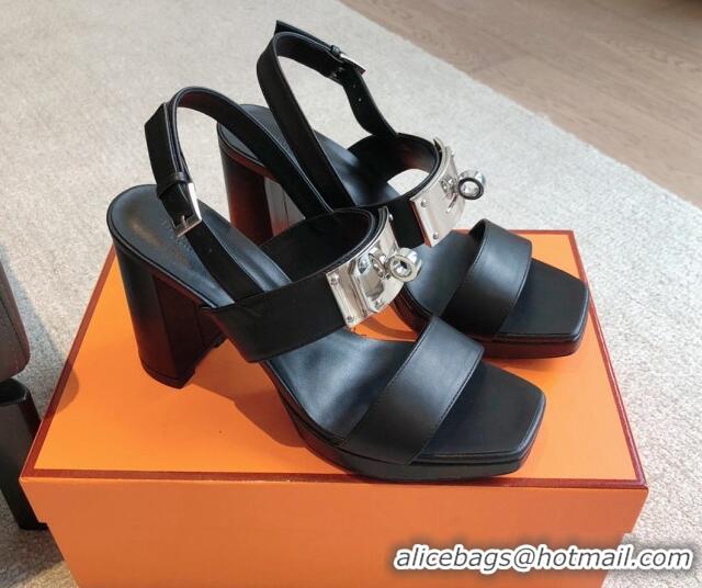 Classic Hot Hermes Calfskin Heel Sandals with Oversized Kelly Buckle Black 0226092