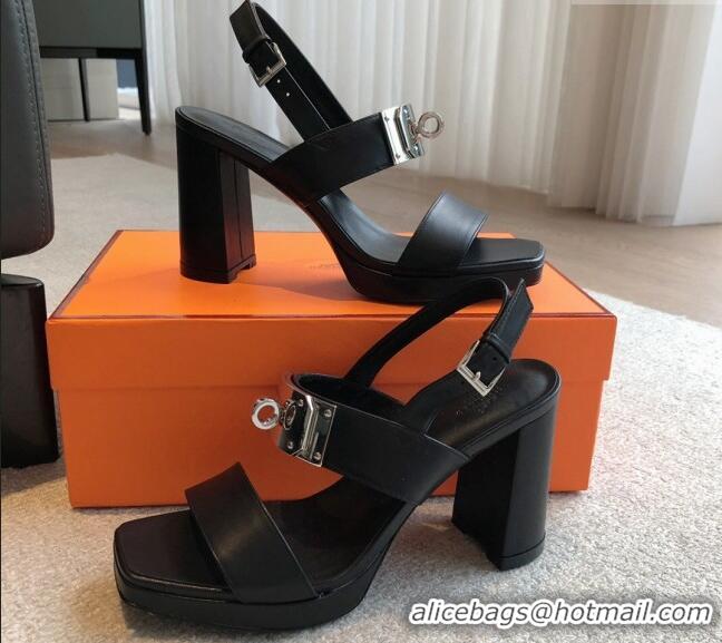 Classic Hot Hermes Calfskin Heel Sandals with Oversized Kelly Buckle Black 0226092