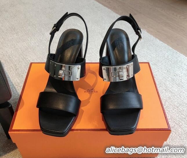 Classic Hot Hermes Calfskin Heel Sandals with Oversized Kelly Buckle Black 0226092