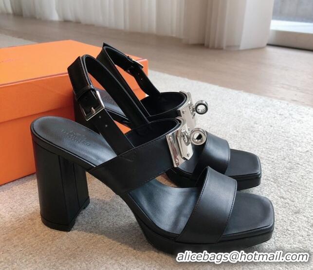 Classic Hot Hermes Calfskin Heel Sandals with Oversized Kelly Buckle Black 0226092