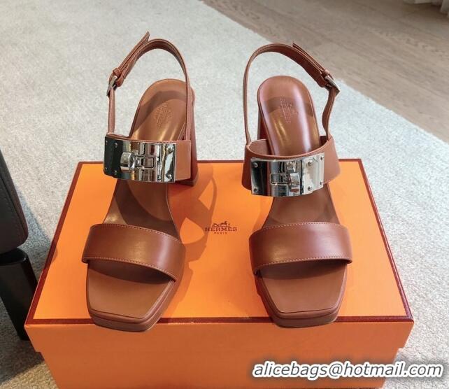 Good Quality Hermes Calfskin Heel Sandals with Oversized Kelly Buckle Brown 0226093