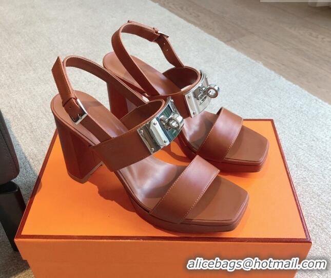 Good Quality Hermes Calfskin Heel Sandals with Oversized Kelly Buckle Brown 0226093