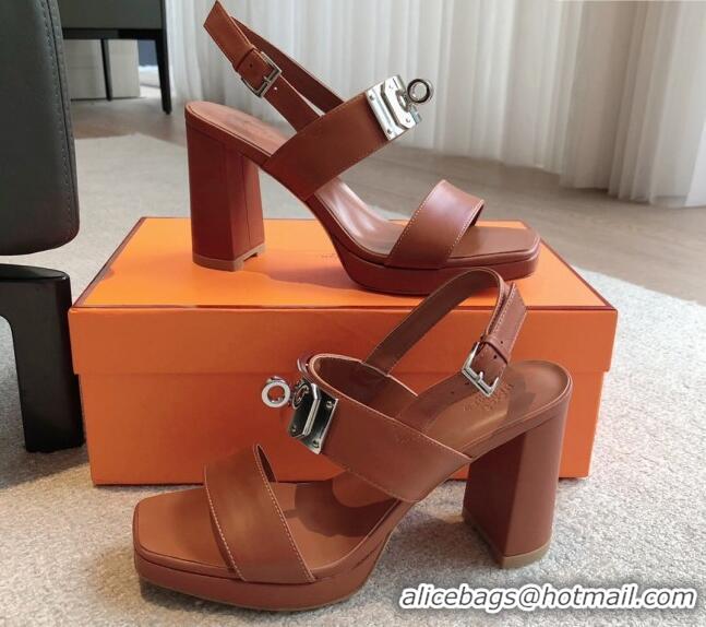 Good Quality Hermes Calfskin Heel Sandals with Oversized Kelly Buckle Brown 0226093