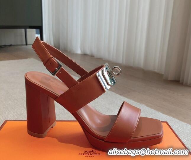 Good Quality Hermes Calfskin Heel Sandals with Oversized Kelly Buckle Brown 0226093