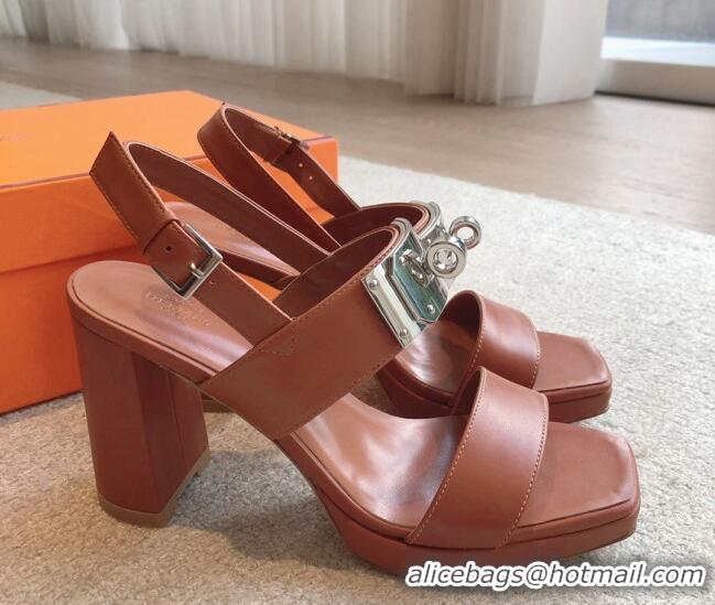 Good Quality Hermes Calfskin Heel Sandals with Oversized Kelly Buckle Brown 0226093