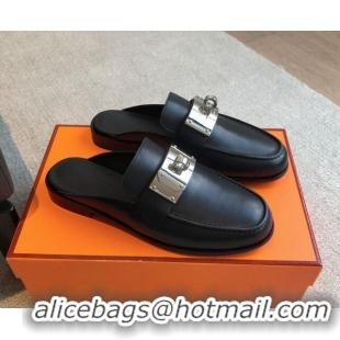 Best Product Hermes Iota Calfskin Flat Mules with Oversized Kelly Buckle Black 0226094