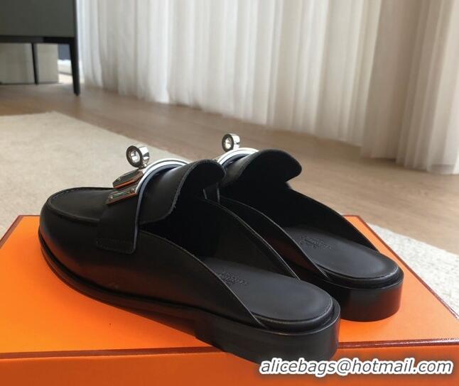 Best Product Hermes Iota Calfskin Flat Mules with Oversized Kelly Buckle Black 0226094