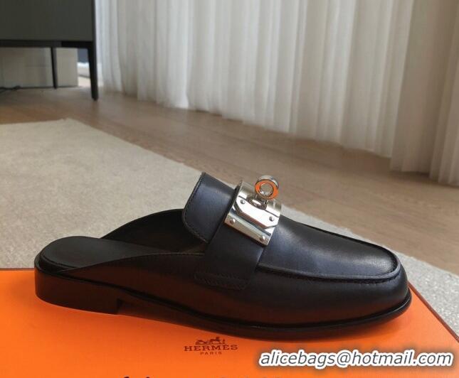 Best Product Hermes Iota Calfskin Flat Mules with Oversized Kelly Buckle Black 0226094