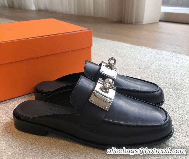 Best Product Hermes Iota Calfskin Flat Mules with Oversized Kelly Buckle Black 0226094