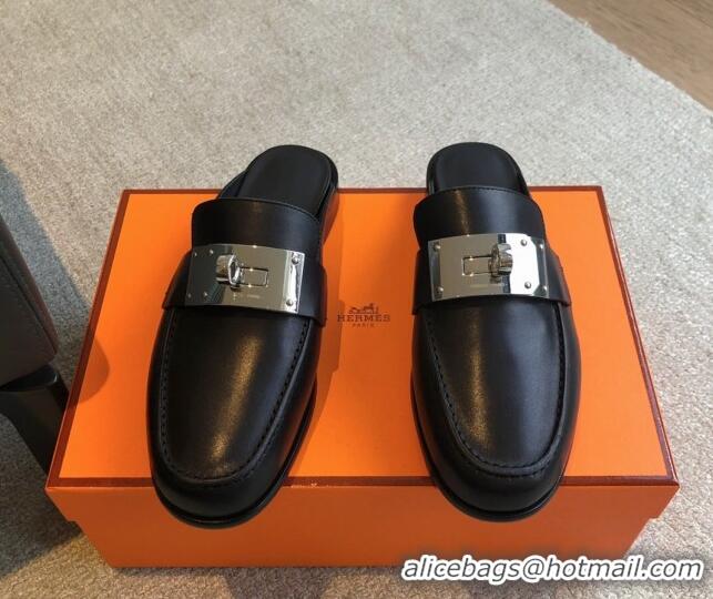 Best Product Hermes Iota Calfskin Flat Mules with Oversized Kelly Buckle Black 0226094