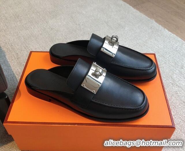 Best Product Hermes Iota Calfskin Flat Mules with Oversized Kelly Buckle Black 0226094