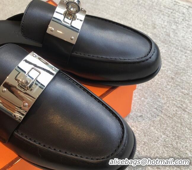 Best Product Hermes Iota Calfskin Flat Mules with Oversized Kelly Buckle Black 0226094