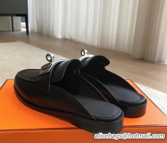 Best Product Hermes Iota Calfskin Flat Mules with Oversized Kelly Buckle Black 0226094