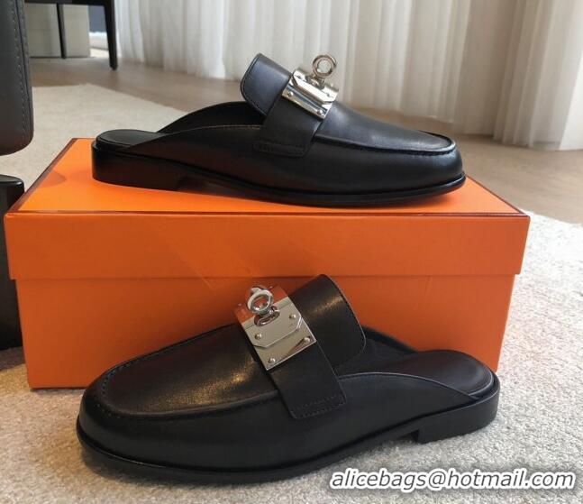 Best Product Hermes Iota Calfskin Flat Mules with Oversized Kelly Buckle Black 0226094