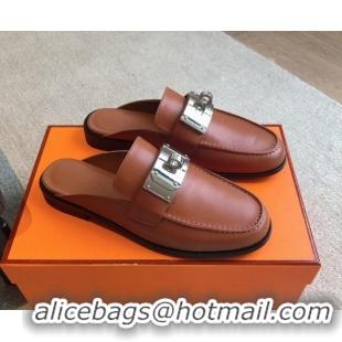 Top Design Hermes Iota Calfskin Flat Mules with Oversized Kelly Buckle Brown 226095