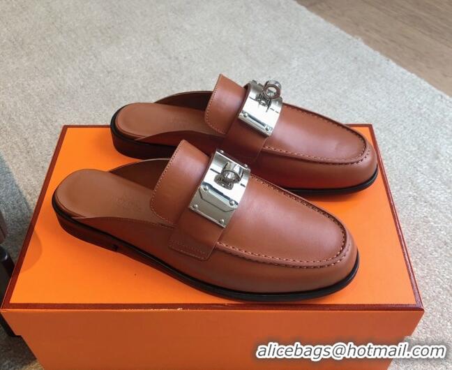 Top Design Hermes Iota Calfskin Flat Mules with Oversized Kelly Buckle Brown 226095