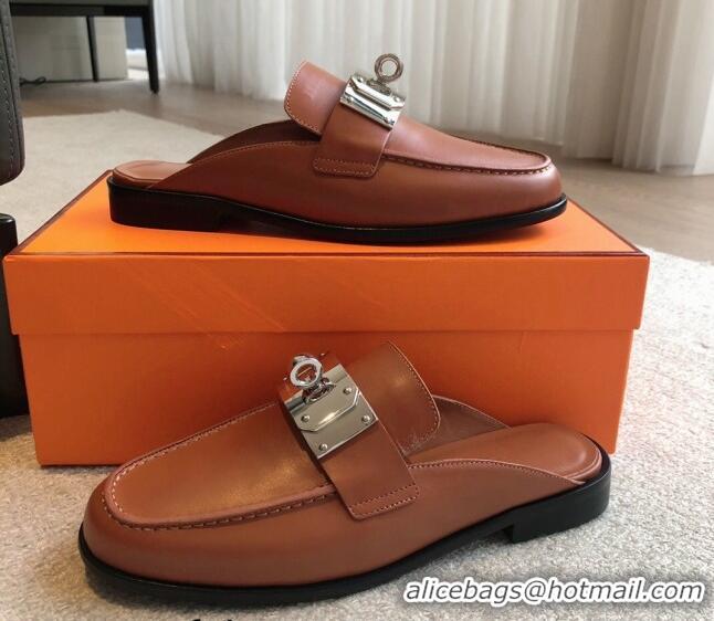 Top Design Hermes Iota Calfskin Flat Mules with Oversized Kelly Buckle Brown 226095