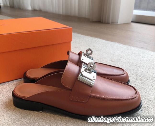 Top Design Hermes Iota Calfskin Flat Mules with Oversized Kelly Buckle Brown 226095