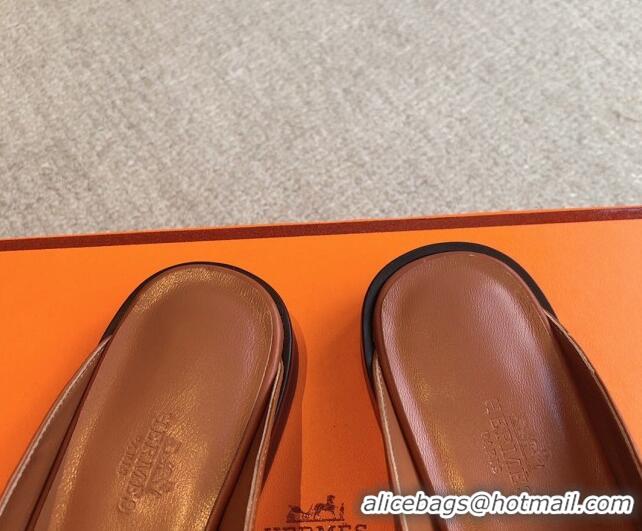 Top Design Hermes Iota Calfskin Flat Mules with Oversized Kelly Buckle Brown 226095