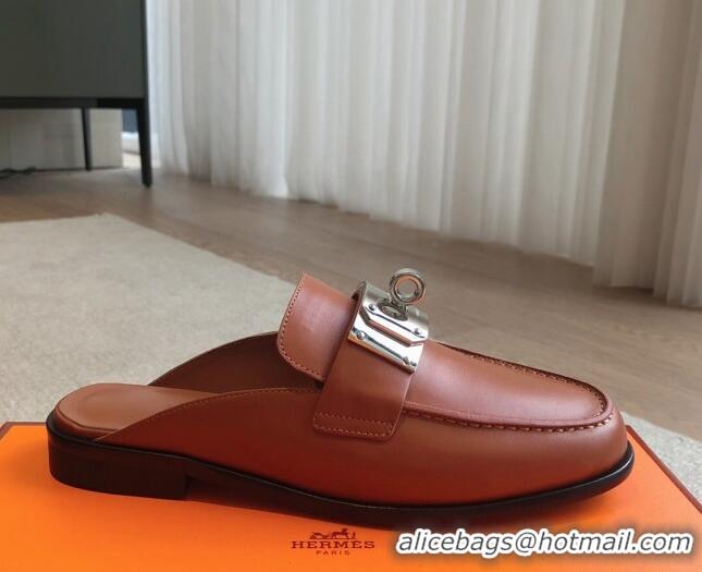 Top Design Hermes Iota Calfskin Flat Mules with Oversized Kelly Buckle Brown 226095