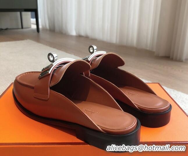 Top Design Hermes Iota Calfskin Flat Mules with Oversized Kelly Buckle Brown 226095