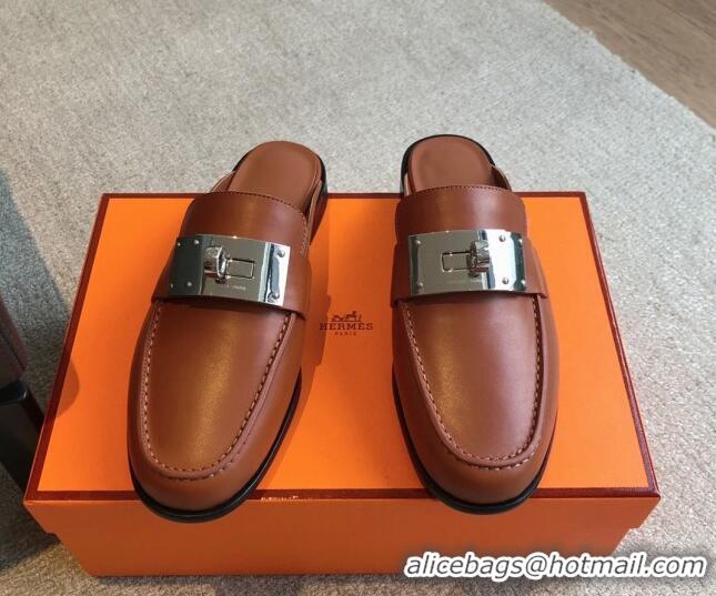 Top Design Hermes Iota Calfskin Flat Mules with Oversized Kelly Buckle Brown 226095