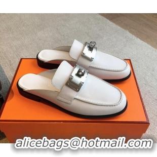 Low Price Hermes Iota Calfskin Flat Mules with Oversized Kelly Buckle White 226096