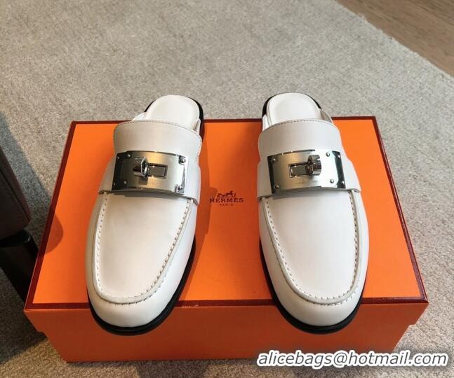 Low Price Hermes Iota Calfskin Flat Mules with Oversized Kelly Buckle White 226096