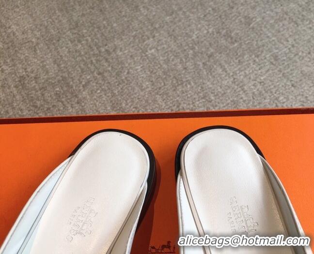 Low Price Hermes Iota Calfskin Flat Mules with Oversized Kelly Buckle White 226096